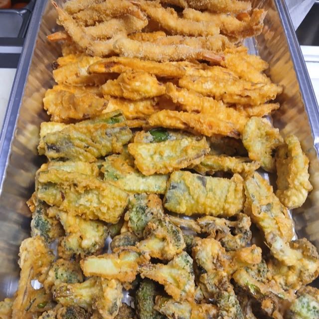Catering tray of shrimp and vegetable tempura